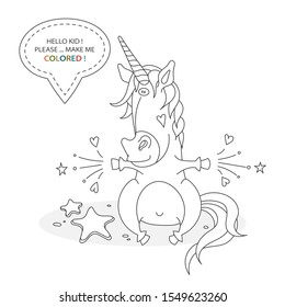 Black and white coloring book page. Cartoon character of a funny cute unicorn and magic. Card from a set for the development of children. Vector illustration
