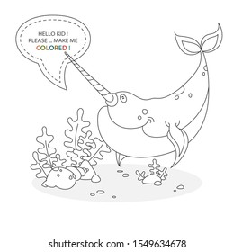 Black and white coloring book page. Cartoon character of a funny cute narwhal with underwater shells and plants. Card from a set for the development of children. Vector illustration