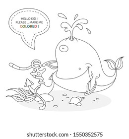Black and white coloring book page. Cartoon character of a funny cute whale, sunken anchor and underwater plants with shells. Card from a set for the development of children. Vector illustration