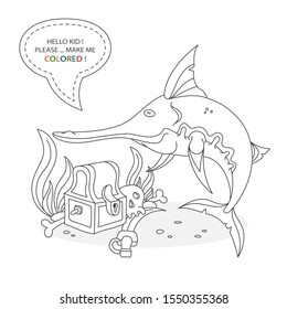 Black and white coloring book page. Cartoon character of a funny cute swordfish, treasure chest, pirate bones and underwater plants. Vector illustration