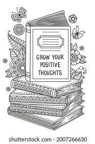 Black and white coloring book page for adult. Opened book. Reading book, imagination concept with doodle flowers. World Book Day.