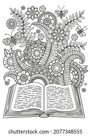 Black and white coloring book page for adult. Opened book. Reading book, imagination concept with doodle flowers and butterflyes