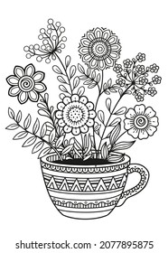Black and white coloring book page for adult. Doodle flowers in cup