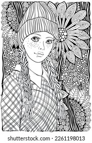 Black and white  coloring book page for adult. Young beautiful girl in a knitted hat and a plaid dress. Two braids. Zentangle style.