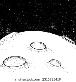 Black And White Coloring Book Page For Adult. Lunar landscape. Black starry sky. Space.