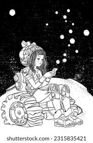 Black And White Coloring Book Page For Adult. Girl astronaut on the moon. The girl is sitting and looking at the phone.