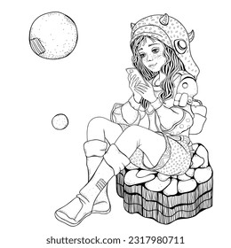 Black And White Coloring Book Page For Adult. Girl astronaut on the moon. The girl is sitting and looking at the phone.