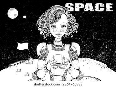 Página Del Libro De Colores En Blanco Y Negro Para Adultos. Bella chica espacial androide bebe café en la luna. La bandera está ondeando. La superficie de la luna y el cielo estrellado negro.