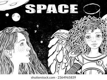 Black And White Coloring Book Page For Adult. Two space girls in space. Angel and human girl. Zentangle background.