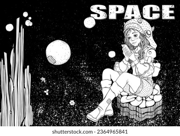 Black And White Coloring Book Page For Adult. Space Girl astronaut. The girl is sitting and looking at the phone. Zentangle background.