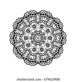 Black and white coloring book page for adult. Vector decorative ornamental pattern for the card or invitation with Islam, Arabic, Indian or ottoman motifs.