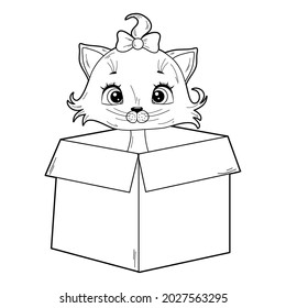 Libro de colorantes en blanco y negro para niños de preescolar. Ilustración vectorial. Gato en una caja