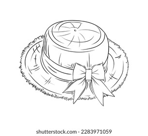 black and white coloring book with a straw hat with a bow. vector illustration of painted black contour hat for sun protection, headdress