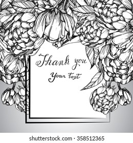 Black And White. Coloring Books For Children And Adults,  Ink, Pen Capillary, Handmade, Peony, Leaves, Flowers, Buds, Card For You.