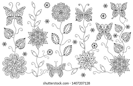 black and white coloring butterflies and flowers
