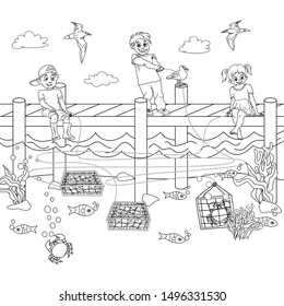 Black and white coloring of children catching crabs, and Logic puzzle game with Maze, Or Labyrinth. Two boys and one girl are sitting on a wooden pier with nets for catching crab on the seabed