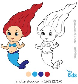 Colores en blanco y negro para los niños. Ilustración vectorial. Pequeña sirena