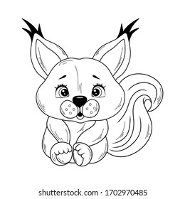 Black and white coloring for children. Vector illustration. Cute little squirrel