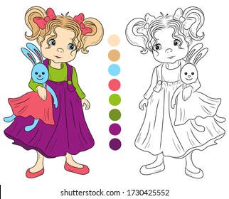 Black and white coloring for children. Vector illustration. Girl and Toy Hare