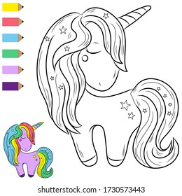 Black and white coloring for children. Vector illustration. Little unicorn