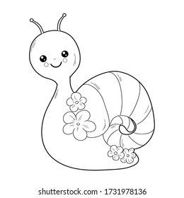 Black and white coloring for children. Vector illustration. Snail in flowers