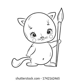 Colores blancos y negros para los niños. Ilustración vectorial. El gatito tiene un cepillo. Artista