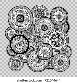 Black and white coloring. Floral tattoo artwork. Indian style. Doudle art floral composition. Zentangle floral ornament. Black line art on transparent background.
