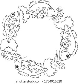 black and white coloring frame with fishes 