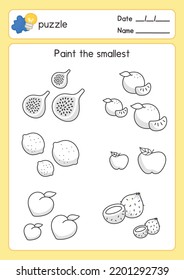 black and white coloring fruits outline about smallest size in maths subject exercises sheet kawaii doodle vector cartoon