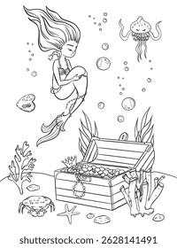 Coloração preta e branca para crianças, pequena sereia. Colorir o contorno da página de desenho animado. Ilustração vetorial, livro de colorir para crianças.Princesa doodle. Livro de colorir para crianças