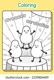 black and white coloring outline about three avocado do a pyramid of acrobats exercises sheet kawaii doodle vector cartoon