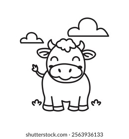 Black And White Coloring Page With Bold Lines, Cute Animal Cow