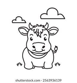 Black And White Coloring Page With Bold Lines, Cute Animal Cow