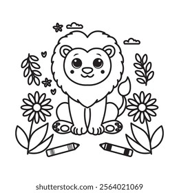 Black And White Coloring Page With Bold Lines, Cute Animal Lion