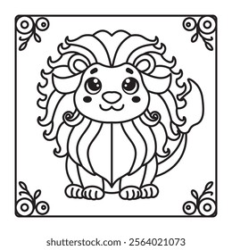 Black And White Coloring Page With Bold Lines, Cute Animal Lion