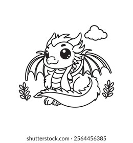 Black And White Coloring Page With Bold Lines, Cute Animal Dragon