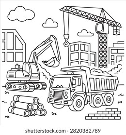 A black and white coloring page for children featuring a construction site with an excavator, a dump truck, a tall crane, buildings, and building materials.