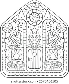Black and white coloring page of a Christmas gingerbread house, seen from the front with a door and two windows, decorated with candies and striped candy canes