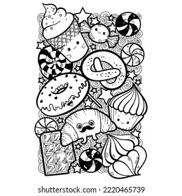 Black and white coloring page with cute smiling desserts. Funny emotional doodle sweets as donut, ice cream, candy, muffin, croissant.