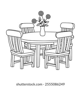 A black and white coloring page of a dining table with four chairs 