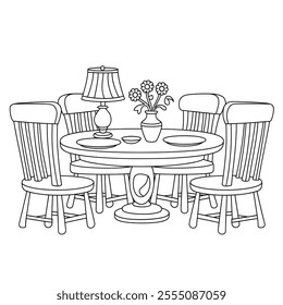  A black and white coloring page of a dining table with four chairs. The table has a few items on it, including a lamp, a vase with flowers, and a plate 