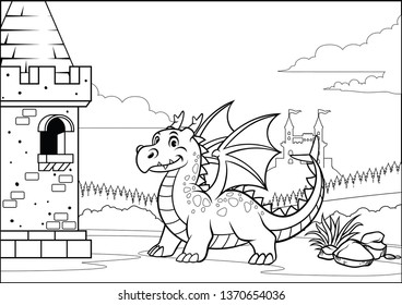 black and white coloring page dragon and castle with cartoon sty