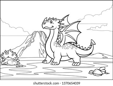 black and white coloring page dragon and volcano mountain