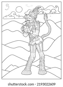 Black and white coloring page with ethnic Thailand demons and mythology creatures, doodle hand drawn line art illustrations, Asian culture concept