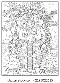 Black and white coloring page with ethnic Thailand demons and mythology creatures, doodle hand drawn line art illustrations, Asian culture concept