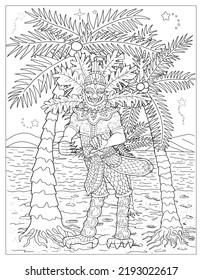 Black and white coloring page with ethnic Thailand demons and mythology creatures, doodle hand drawn line art illustrations, Asian culture concept