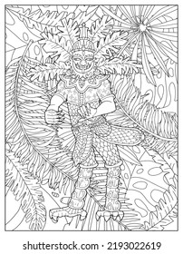 Black and white coloring page with ethnic Thailand demons and mythology creatures, doodle hand drawn line art illustrations, Asian culture concept