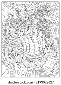 Black and white coloring page with ethnic Thailand demons and mythology creatures, doodle hand drawn line art illustrations, Asian culture concept