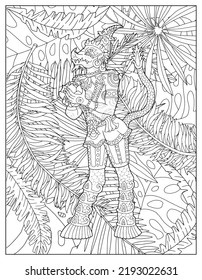 Black and white coloring page with ethnic Thailand demons and mythology creatures, doodle hand drawn line art illustrations, Asian culture concept