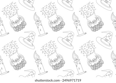 Black and white coloring page featuring Halloween-themed items like witch hats, candles, and cauldrons. Perfect for Halloween fun.